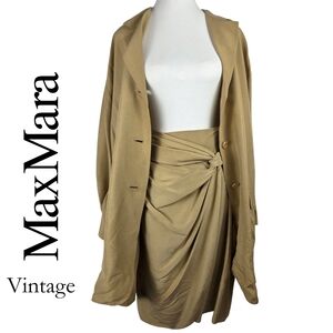 MaxMara Vintage Pure Silk Tan Draped Skirt & Jacket Set
